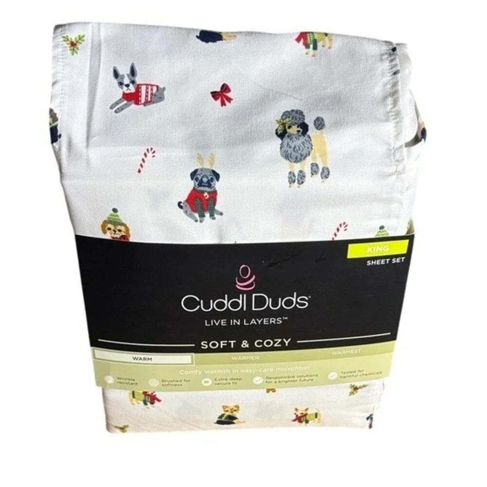Cuddl Duds King Sheet Set Microfiber Christmas Dogs Adorable GIFT NEW